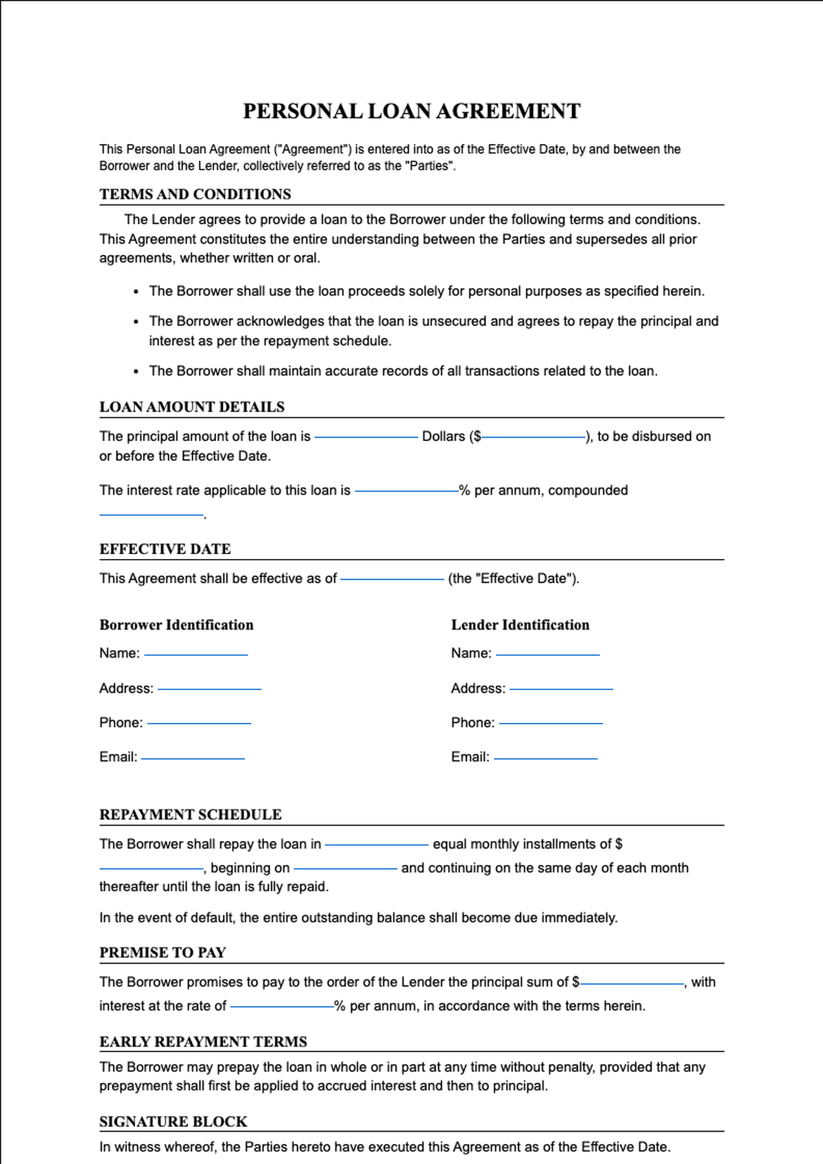 Personal loan agreement form with fillable fields_variant_1